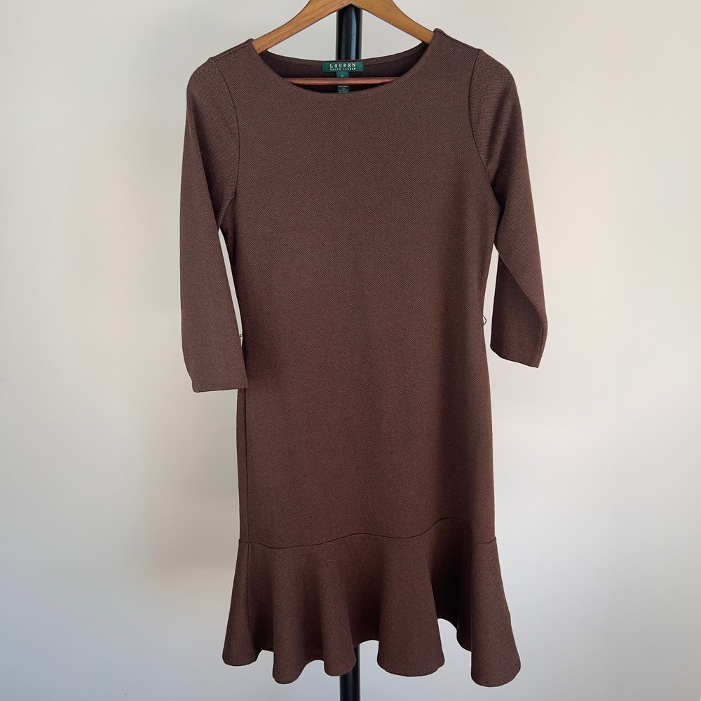 Lauren Ralph Lauren Brown Herringbone Ruffle Hem Sheath Dress M Womens